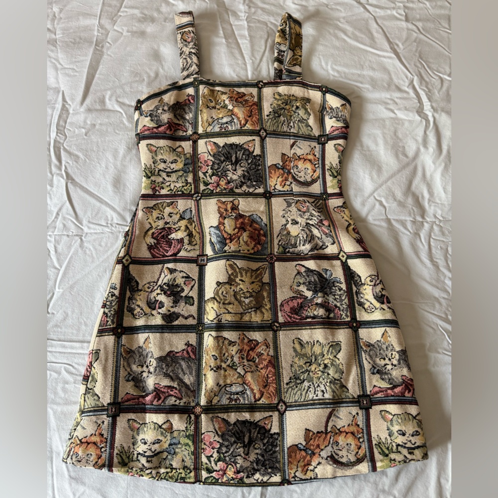 Cider Beige and Black Cats Mini Dress